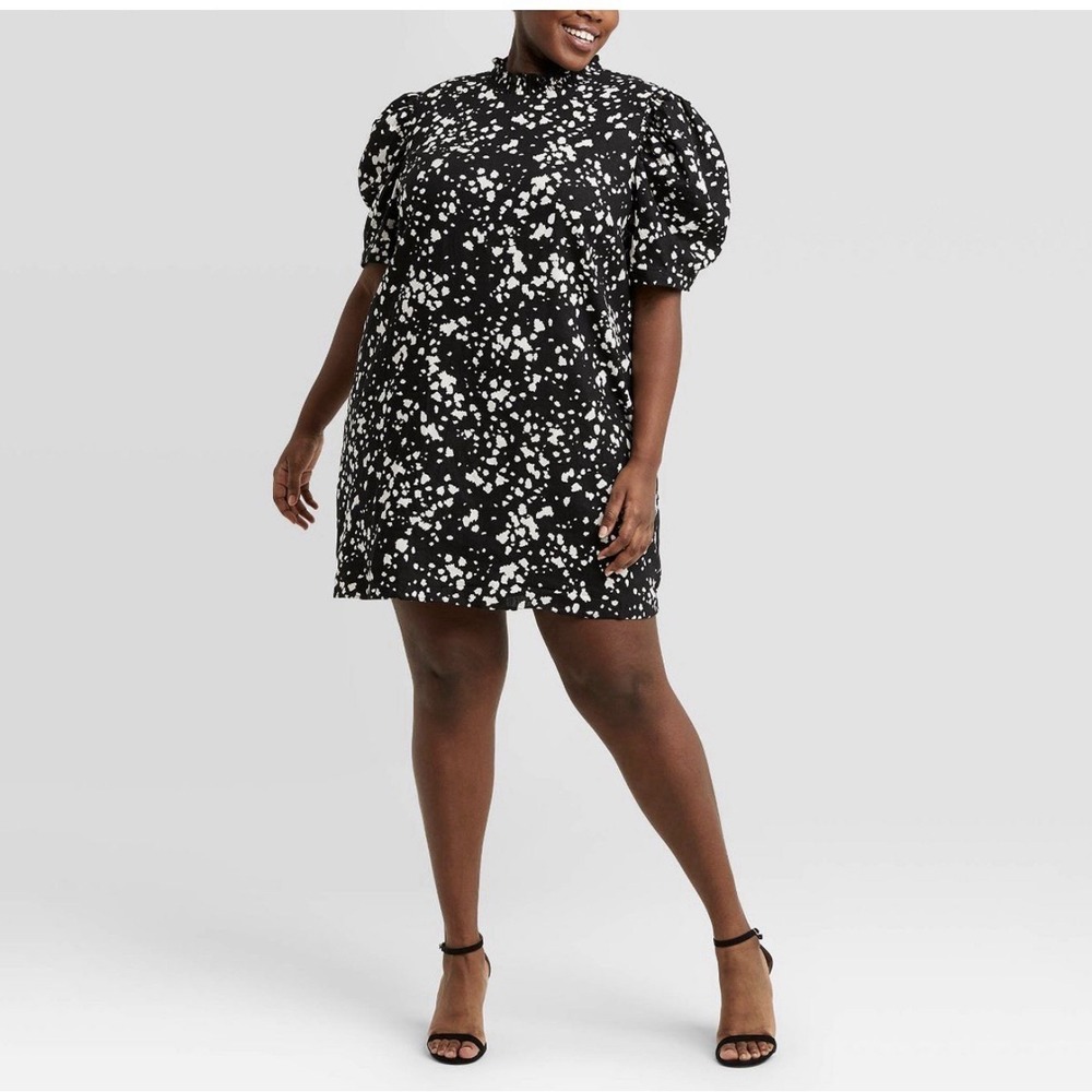 Who What Wear Puff Sleeve Dress XL 12 Linen‎ High Ruffle Neck Black/White A Line